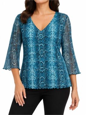 Moa Moa XL Teal Snakeskin Print V-Neck 3/4 Sleeve Blouse